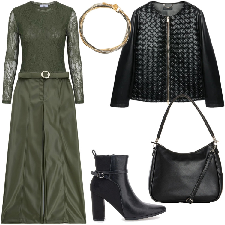 Outfit donna - Audace. Stile Trendy per Serata fuori. Abbinamento con borse a mano, pantaloni, top, blazer, collane, stivaletti.
