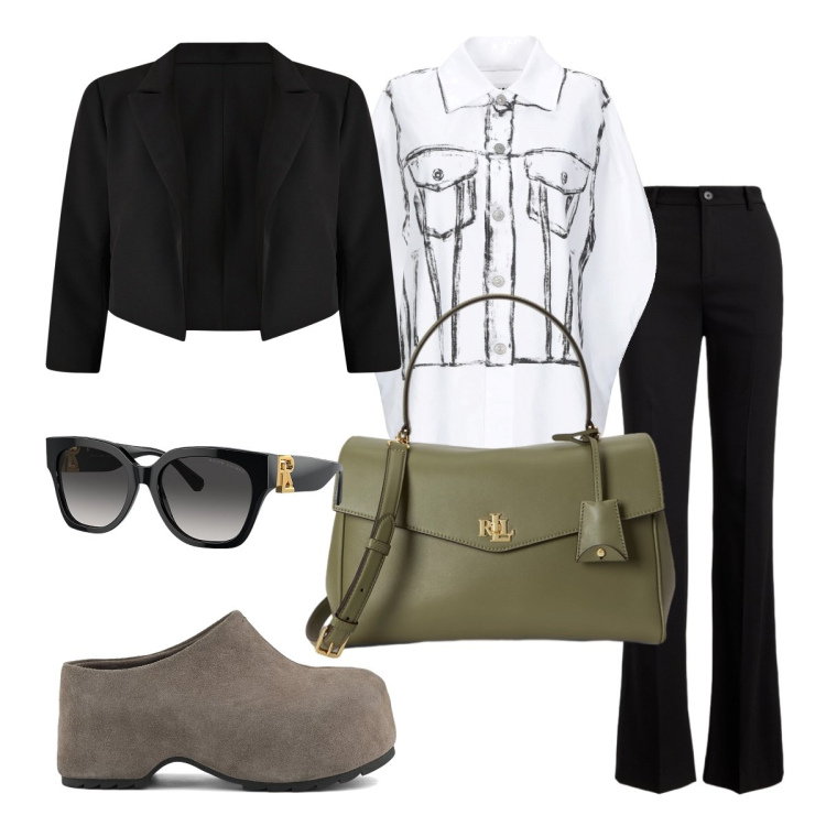 Outfit donna - Tailleur curvy per l’ufficio. Stile Mannish per Ufficio. Abbinamento con camicie a manica corta, bolero, occhiali da sole, borse a mano, pantaloni, zoccoli.