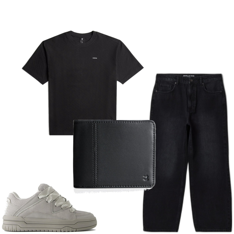 Outfit hombre - Casual. Estilo Casual para Todos los días. Combinación con carteras, camiseta, vaqueros pata de elefante, sneakers.