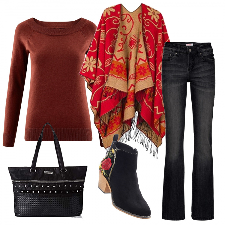 Outfit donna - Etnico #461. Stile Etnico per Tutti i giorni. Abbinamento con stivaletti, jeans bootcut in denim elasticizzato nero, maglione girocollo aderente rosso, poncio, borsa a tracolla nero.