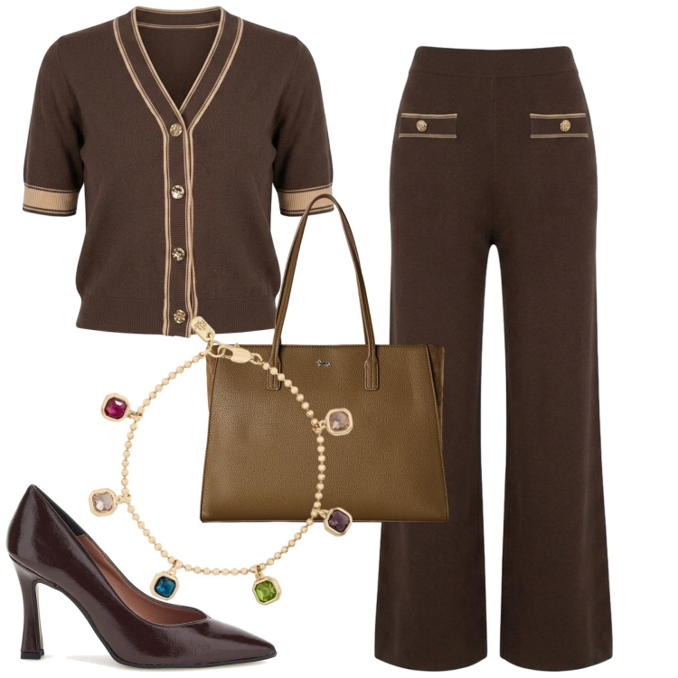 Outfit donna - City. Stile Urban per Tutti i giorni. Abbinamento con shopping bag, pantaloni, cardigans, braccialetti, décolleté.