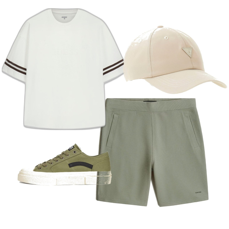 Outfit hombre - Casual. Estilo Casual para Deporte. Combinación con camiseta, sneakers, pantalones cortos, sombreros o gorros con visera.