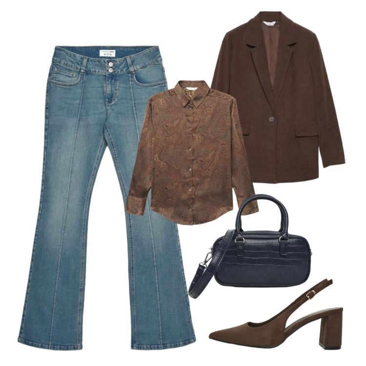 Outfit donna - Collezione Terranova. Stile Trendy per Scuola/Università. Abbinamento con camicie, jeans bootcut, borse a tracolla, blazer, décolleté.