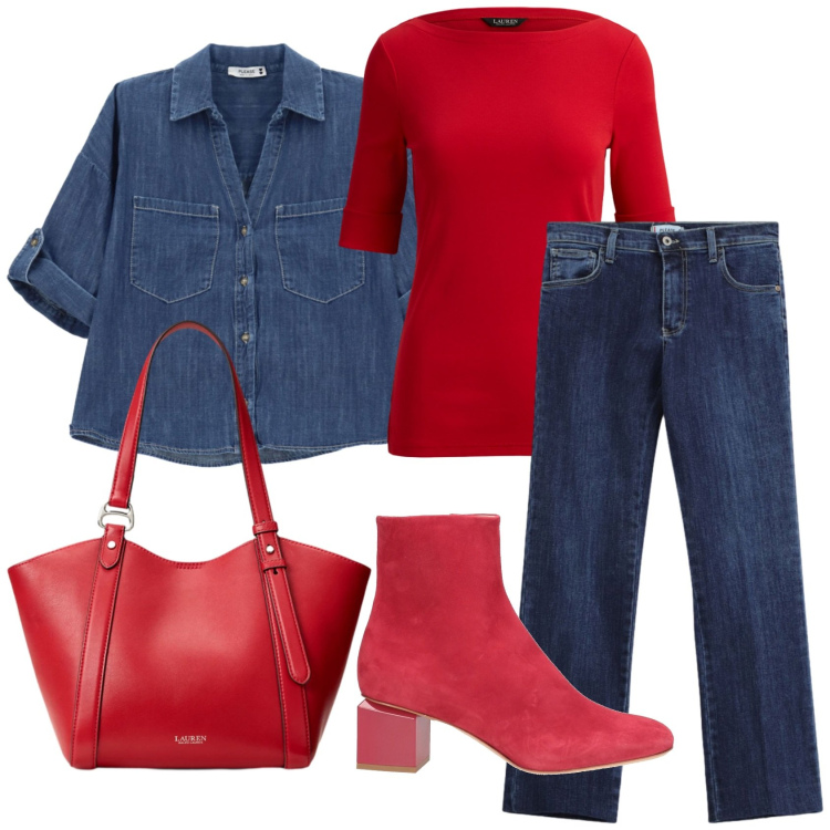 Outfit donna - Total look #2466180. Stile Casual per Ufficio. Abbinamento con stivaletti, camicie, jeans slim fit, t-shirt, borse tote.