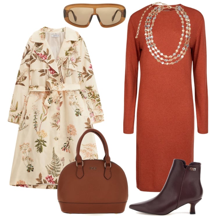 Outfit donna - L’impermeabile che annuncia l’autunno. Stile Chic per Tutti i giorni. Abbinamento con occhiali da sole, vestiti midi/longuette, trench, collane, borse a mano, stivaletti.
