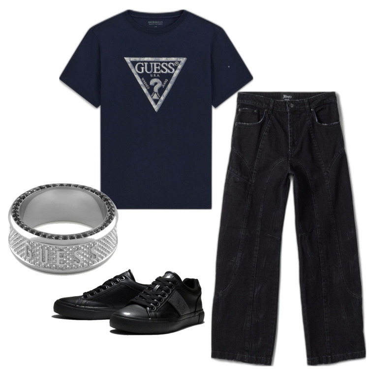 Outfit hombre - Casual look. Estilo Casual para Todos los días. Combinación con sneakers, camiseta, vaqueros, anillos.