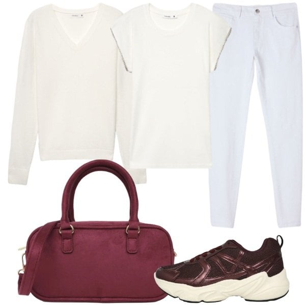 Outfit donna - Il rientro con capi versatili. Stile Casual chic per Ufficio. Abbinamento con pantaloni skinny, t-shirt, sneakers, borse a tracolla, maglieria.