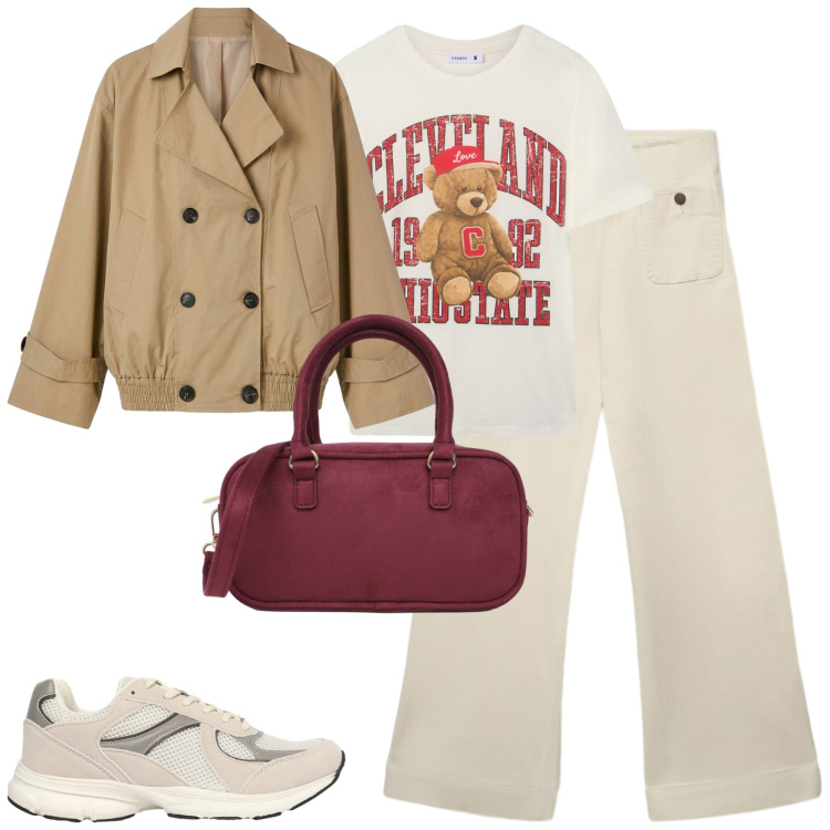 Outfit donna - City. Stile Casual per Tutti i giorni. Abbinamento con jeans, t-shirt, sneakers, trench, borse a tracolla.