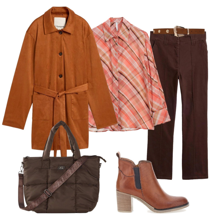 Outfit donna - Sfumature di stagione. Stile Glamour per Tutti i giorni. Abbinamento con trench, pantaloni, shopping bag, camicie, cinture, stivaletti.