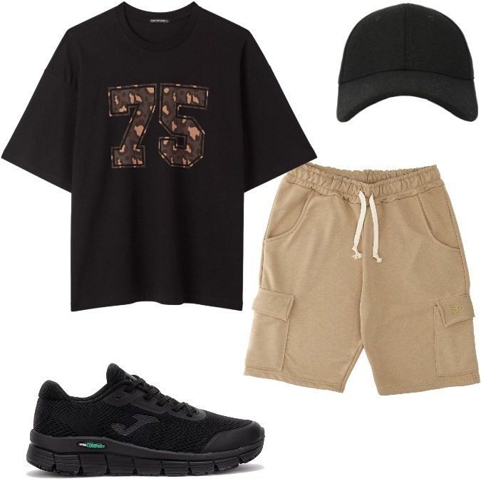Outfit uomo - Total look #2466189. Stile Urban per Tutti i giorni. Abbinamento con t-shirt, cappelli con visiera, pantaloni corti, sneakers.