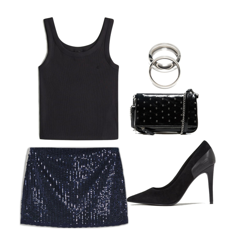 Outfit mujer - Trendy. Estilo Trendy para Noche/Fiesta elegante. Combinación con pulseras, clutch, faldas, salones, top.