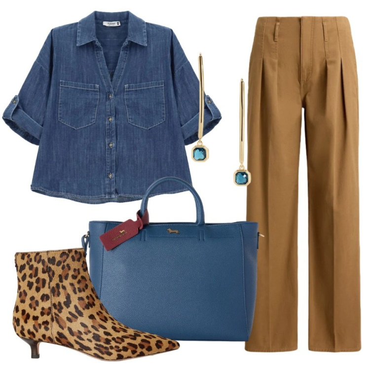 Outfit donna - Con la camicia di jeans. Stile Casual chic per Ufficio. Abbinamento con borse a mano, camicie, stivaletti, pantaloni, orecchini.