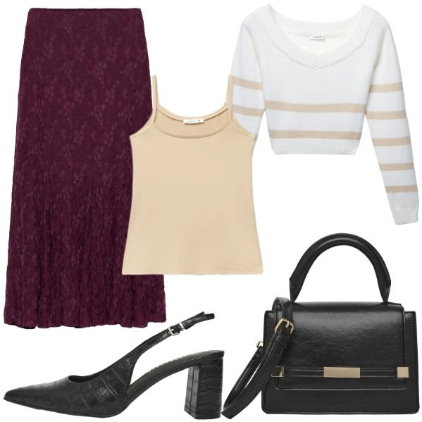 Outfit donna - Abiti essenziali Terranova. Stile Casual chic per Ufficio. Abbinamento con gonne lunghe, maglieria, décolleté, borse a spalla, canottiere.