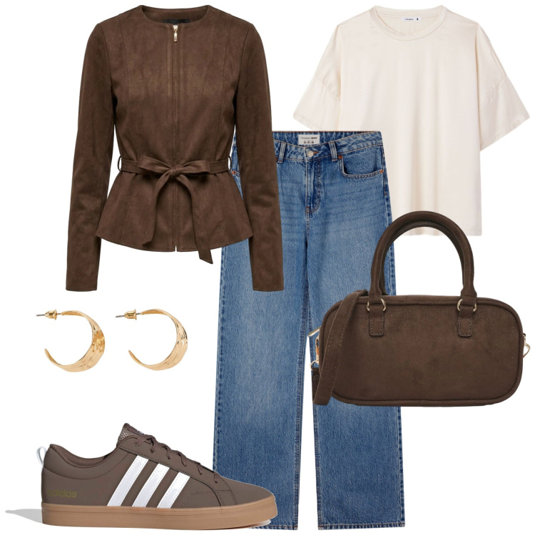 Outfit donna - Settembre. Stile Casual chic per Tutti i giorni. Abbinamento con orecchini, jeans, borse a tracolla, t-shirt, blazer, sneakers.