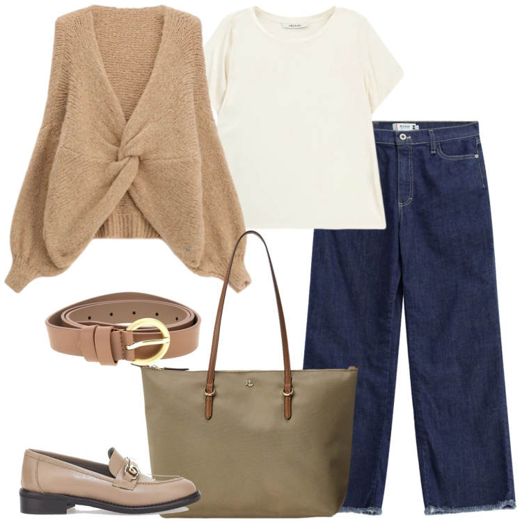Outfit donna - Il cardigan intrecciato. Stile Casual chic per Tutti i giorni. Abbinamento con t-shirt, cardigans, jeans dritti, borse tote, mocassini, cinture.
