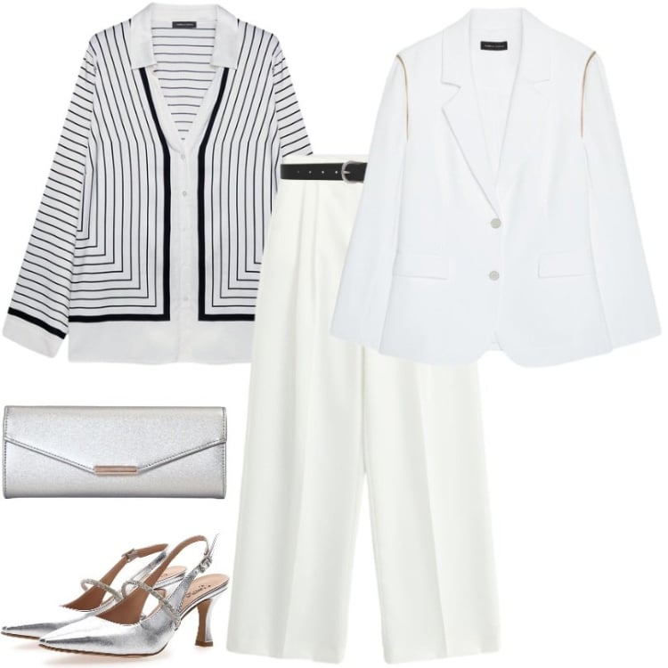 Outfit donna - Total white con dettagli a contrasto. Stile Chic per Tutti i giorni. Abbinamento con pantaloni a palazzo, cinture, clutch, camicie, blazer, décolleté.
