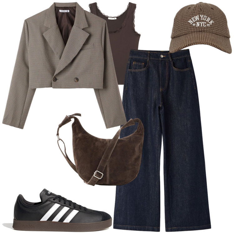 Outfit donna - City. Stile Casual chic per Tutti i giorni. Abbinamento con borse a tracolla, blazer, cappelli con visiera, jeans, canottiere, sneakers.