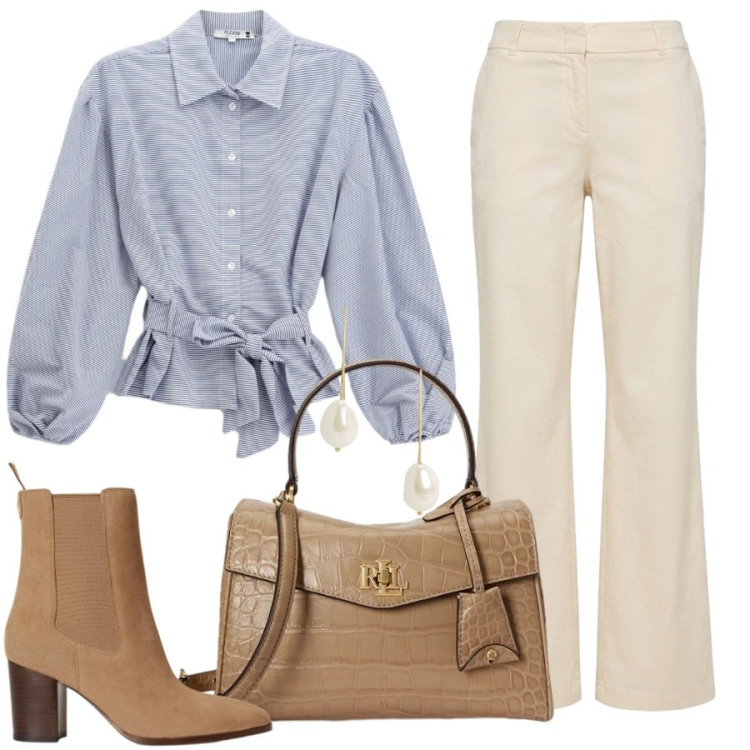 Outfit donna - Ufficio in grande stile. Stile Casual chic per Ufficio. Abbinamento con pantaloni, camicie, stivaletti, borse a mano, orecchini.