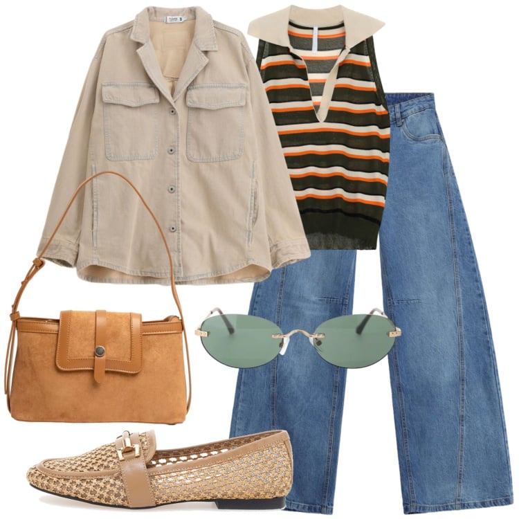 Outfit donna - Fine settimana a Settembre. Stile Casual chic per Tutti i giorni. Abbinamento con top, occhiali da sole, jeans, cappotti, borse a tracolla, mocassini.