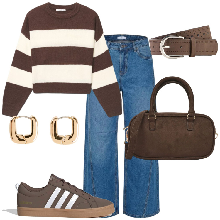 Outfit donna - City. Stile Casual chic per Tutti i giorni. Abbinamento con cinture, orecchini, borse a tracolla, maglieria, jeans, sneakers.