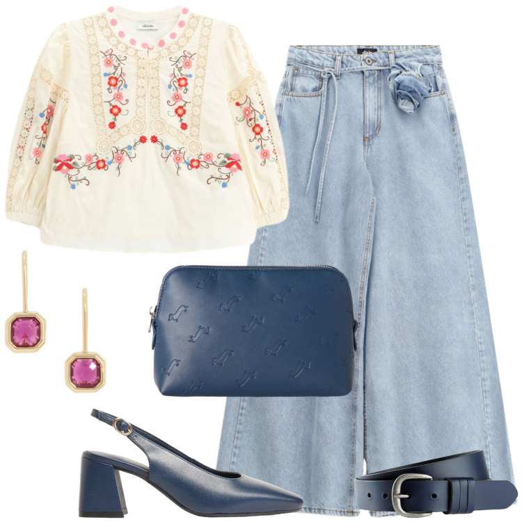Outfit donna - Denim e neutro. Stile Casual chic per Tutti i giorni. Abbinamento con cinture, décolleté, pochette, jeans, camicie a manica corta, orecchini.