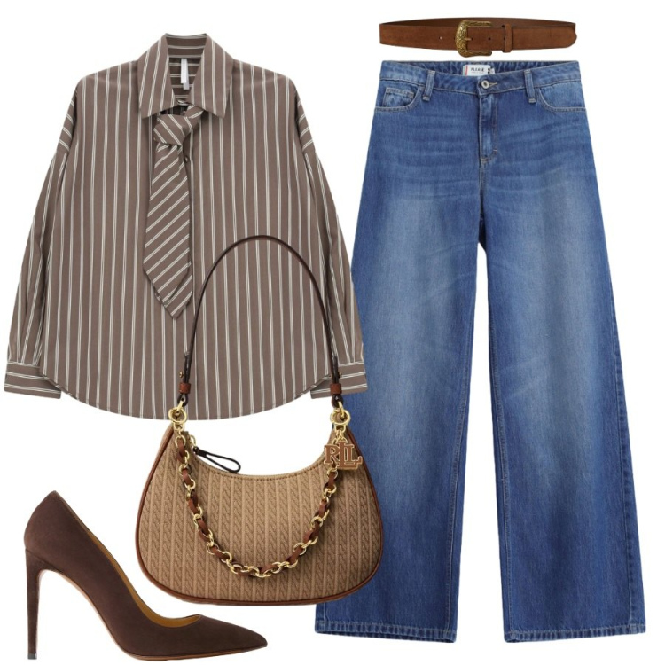 Outfit donna - Con la cravatta. Stile Trendy per Serata fuori. Abbinamento con camicie, jeans, cinture, décolleté, borse a spalla.