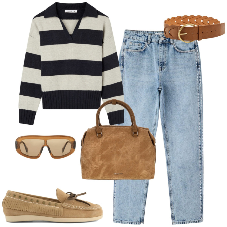 Outfit donna - City. Stile Casual chic per Tutti i giorni. Abbinamento con jeans mom, cinture, maglieria, occhiali da sole, mocassini, borse a tracolla.