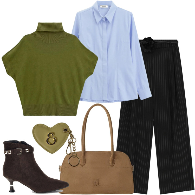 Outfit donna - Total look #2466219. Stile Casual chic per Ufficio. Abbinamento con pantaloni a palazzo, t-shirt, camicie, borse a spalla, portachiavi, stivaletti.