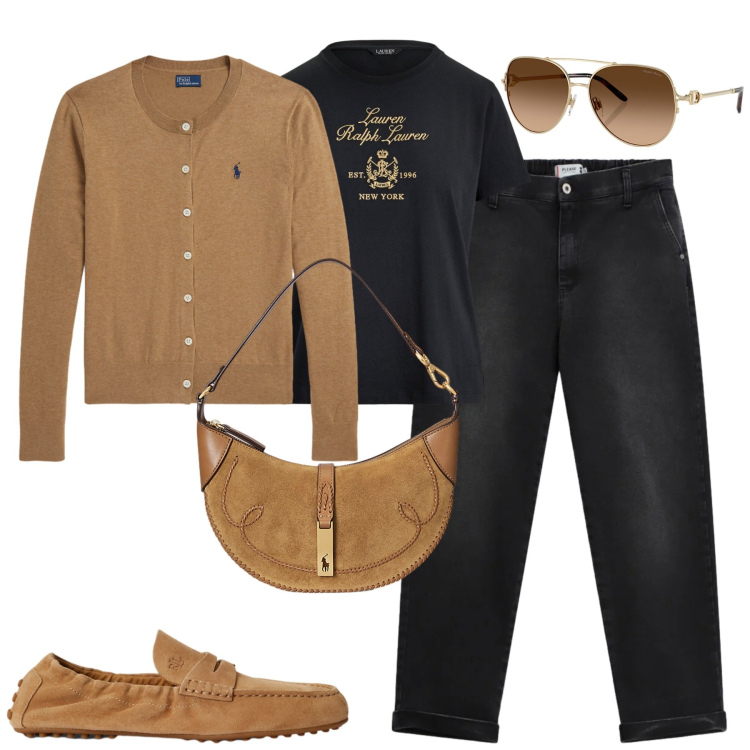 Outfit donna - City. Stile Casual chic per Tutti i giorni. Abbinamento con jeans, occhiali da sole, borse a spalla, cardigans, t-shirt, mocassini.