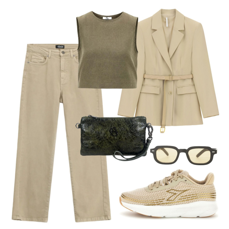 Outfit donna - Denim chiaro. Stile Urban per Tutti i giorni. Abbinamento con occhiali da sole, blazer, jeans dritti, top, pochette, sneakers.