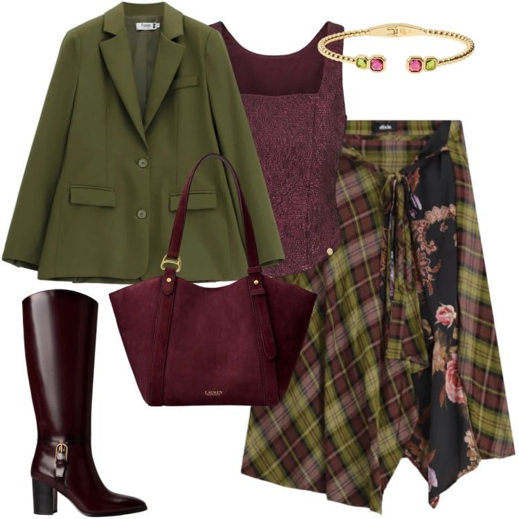 Outfit donna - City. Stile Glamour per Tutti i giorni. Abbinamento con gonne longuette, top, blazer, borse tote, stivali, braccialetti.