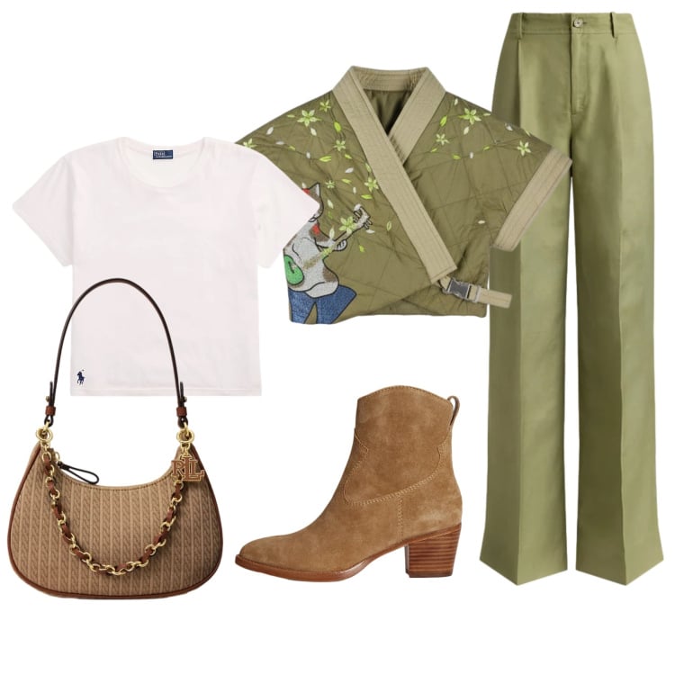 Outfit donna - Total look #2466225. Stile Chic per Tutti i giorni. Abbinamento con kimono, t-shirt, stivaletti, pantaloni, borse a spalla.