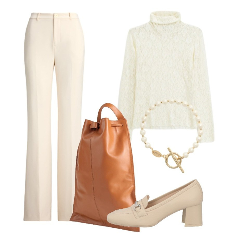 Outfit donna - Eleganza senza tempo. Stile Romantica per Ufficio. Abbinamento con mocassini, zaini, t-shirt, pantaloni, braccialetti.