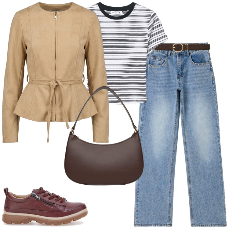 Outfit donna - City. Stile Casual chic per Tutti i giorni. Abbinamento con t-shirt, cinture, jeans, borse a tracolla, blazer, scarpe stringate.