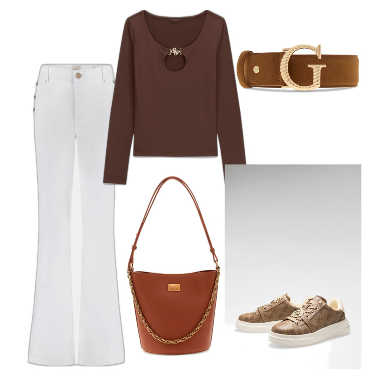 Outfit mujer - Casual #8218. Estilo Casual para Todos los días. Combinación con bolsos saco, cinturones, sneakers, pantalones palazzo, top.