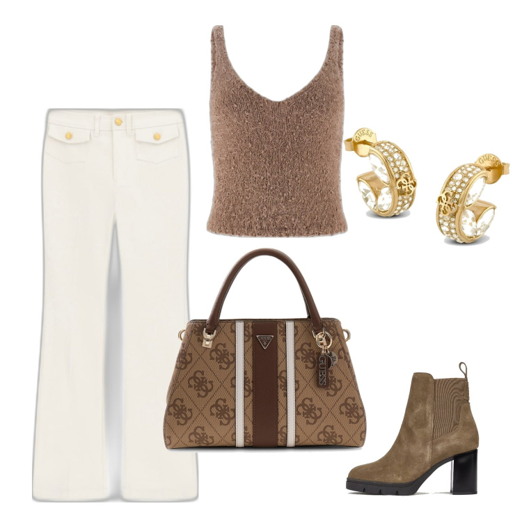 Outfit mujer - Casual #8219. Estilo Casual para Todos los días. Combinación con botines, top, bolsos de mano, pantalones, pendientes.
