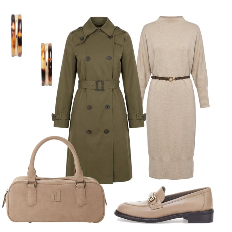 Outfit donna - In città. Stile Bon Ton per Tutti i giorni. Abbinamento con borse a mano, trench, vestiti midi/longuette, orecchini, mocassini.