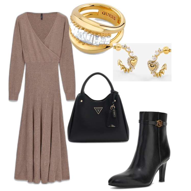 Outfit mujer - Bon Ton #3121. Estilo Bon Ton para Todos los días. Combinación con pendientes, bolsos de mano, botas, vestidos midi/longuettes, anillos.
