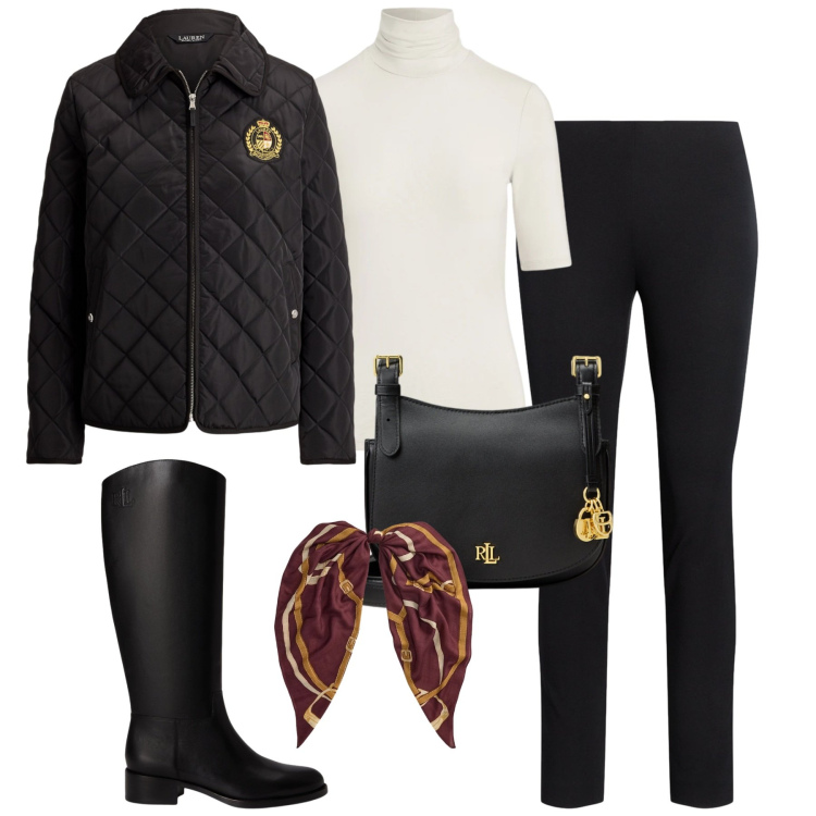 Outfit donna - Ralph Lauren. Stile Casual chic per Tutti i giorni. Abbinamento con pantaloni skinny, maglieria, borse a tracolla, foulard, giacche, stivali.