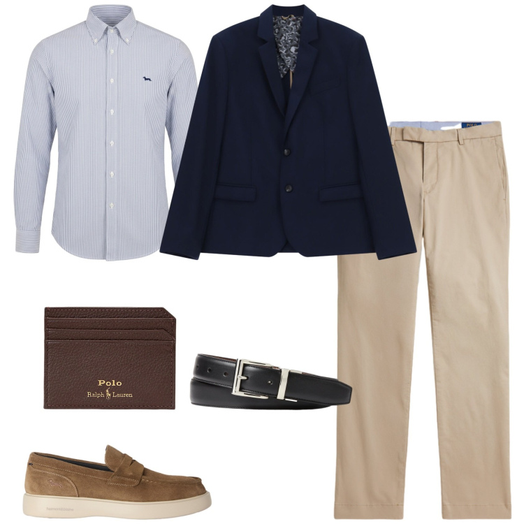Outfit uomo - Rientro smart casual. Stile Business/Elegante per Ufficio. Abbinamento con scarpe stringate, camicie, giacche, portafogli, cinture, pantaloni chino.