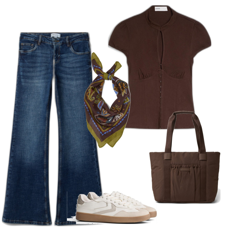 Outfit mujer - Casual chic #12128. Estilo Casual chic para Todos los días. Combinación con sneakers, vaqueros bootcut, bolso shopper, camisas de manga corta, bandas para el pelo.