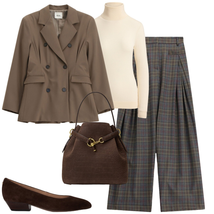 Outfit donna - Fall vibes. Stile Glamour per Tutti i giorni. Abbinamento con pantaloni a palazzo, blazer, ballerine, borse a secchiello, pullovers.