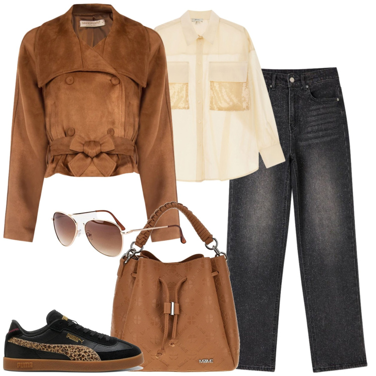 Outfit donna - Fall. Stile Casual chic per Tutti i giorni. Abbinamento con occhiali da sole, camicie, jeans, giacche, sneakers, borse a tracolla.