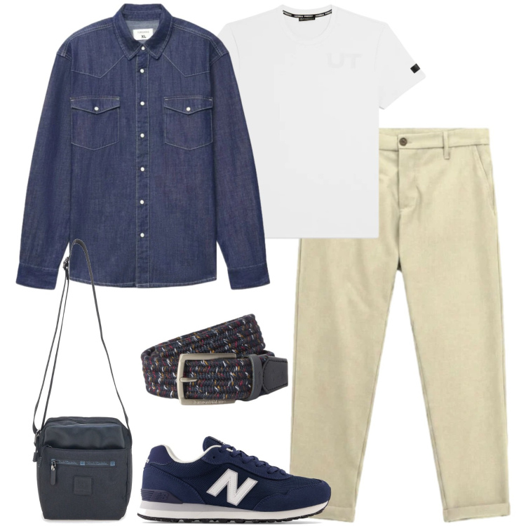 Outfit uomo - Camicia in denim e pantalone neutro. Stile Urban per Tutti i giorni. Abbinamento con cinture, pantaloni, camicie, t-shirt, portafogli, sneakers.