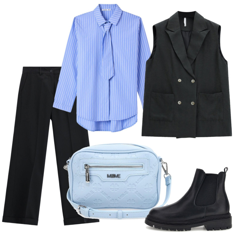 Outfit donna - Pantalone e gilet. Stile Mannish per Ufficio. Abbinamento con gilet, pantaloni, camicie, borse a tracolla, stivaletti.