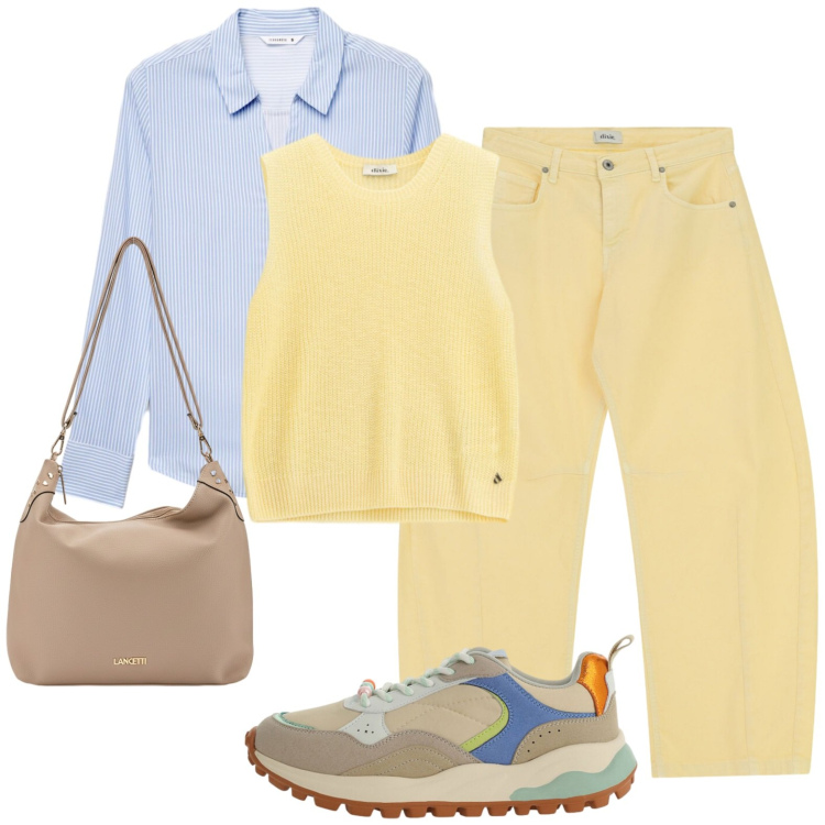 Outfit donna - Giallo tenue per studiare. Stile Urban per Scuola/Università. Abbinamento con pantaloni, maglieria, sneakers, camicie, zaini.