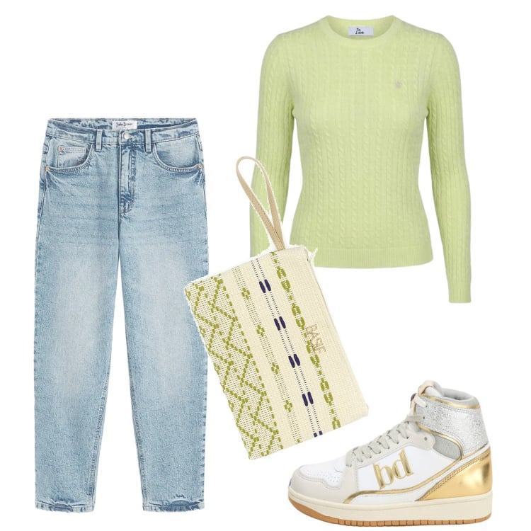 Outfit donna - Al parco. Stile Basic per Tutti i giorni. Abbinamento con jeans mom, sneakers alte, maglieria, pochette.
