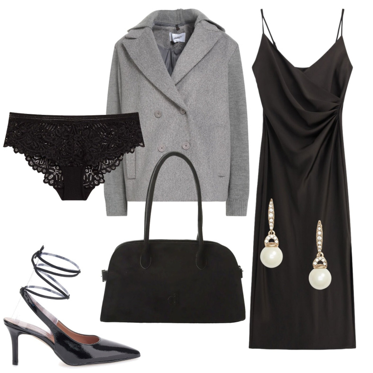 Outfit donna - Anniversario di matrimonio. Stile Sexy per Serata fuori. Abbinamento con caban, culotte, vestiti midi/longuette, borse a spalla, orecchini, décolleté.