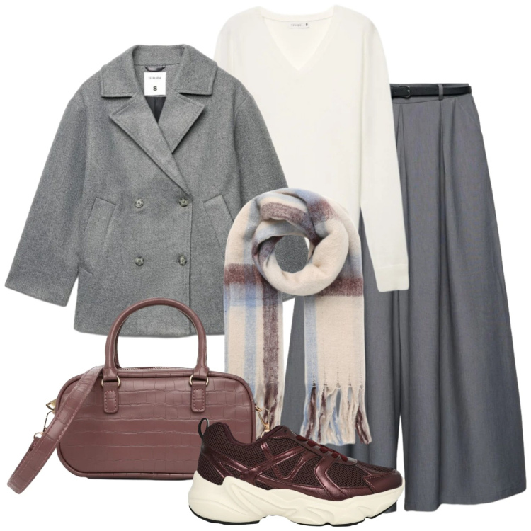 Outfit donna - Per i primi freddi. Stile Urban per Tutti i giorni. Abbinamento con pantaloni, caban, sneakers, borse a tracolla, maglieria, sciarpe.