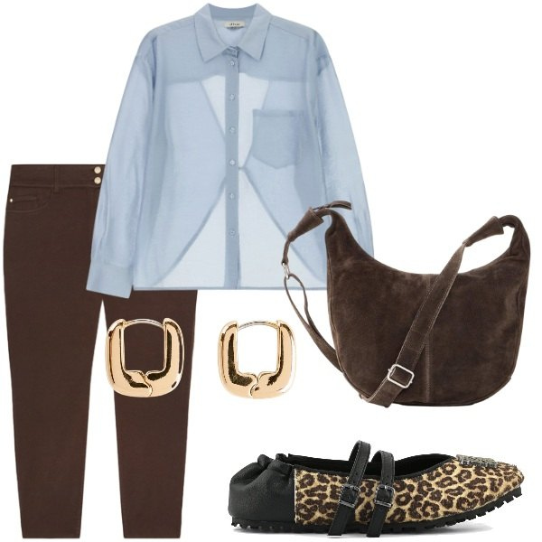 Outfit donna - A cena fuori. Stile Casual chic per Tutti i giorni. Abbinamento con orecchini, borse a tracolla, camicie, pantaloni skinny, ballerine.